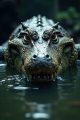 Massive alligator head, powerful jaws, murky water , sharp, water