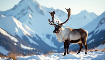 Massive caribou bull with large antlers against snowy mountain backdrop , bull, alaskan range, extreme cold