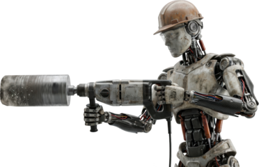 Robotic construction worker using a pneumatic drill while wearing a hard hat showcasing advanced technology and modern industrial tools in a futuristic setting