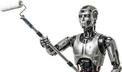 Fototapeta premium Robot holding paint roller with metallic body and robotic features showcasing advanced technology and craftsmanship in a unique and eye catching manner