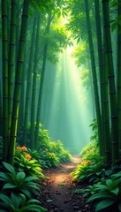 Misty bamboo path, diverse flora, serene forest ambiance, image, adventure
