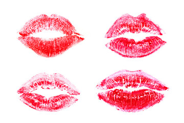 Set of red lipstick kiss imprint on white background.