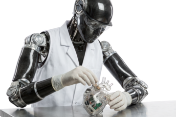 Advanced humanoid robot scientist in lab coat carefully examining a transparent mechanical heart with tools on a table showcasing the fusion of technology and medicine