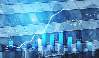 A dynamic financial growth visualization showcasing a trend graph overlay against a backdrop of skyscrapers and business silhouettes, symbolizing professional success and data analysis. Scalp