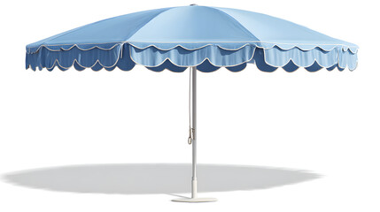 Summer Shade: A delightful blue patio umbrella with a scalloped edge stands out. The sturdy base and central pole provides elegant functionality.