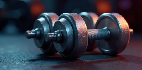 Pair of metallic dumbbells, focused on textured handles , weight, sport