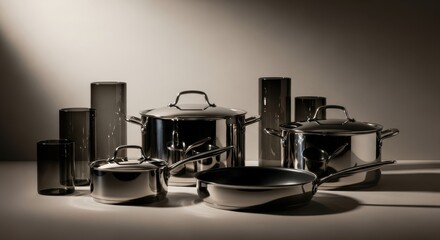 Shiny stainless steel pots and pans collection on a table