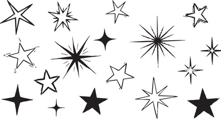Grunge Hand-Drawn Star Set: Black & White Sketch Star Design Elements