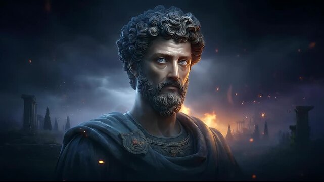 Marcus Aurelius, Roman Emperor statue amidst a smoky, dramatic war scene