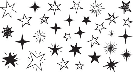 Grunge Hand-Drawn Star Set: Black & White Sketch Star Design Elements