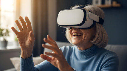 Happy Senior Woman Laughing in VR Headset, Experiencing Virtual Reality