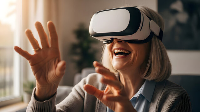 Senior Woman Laughing in VR Headset | Virtual Reality Fun - Powered by Adobe