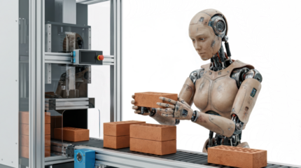 Advanced humanoid robot assembling bricks in a modern automated manufacturing facility showcasing innovation and technology in industrial production processes