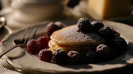 Delicious Pancakes with Fresh Berries and Powdered Sugar in Morning Light