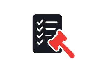 Vector illustration of list document with check mark and gavel. Icon of legislative decision making legal agreement.new