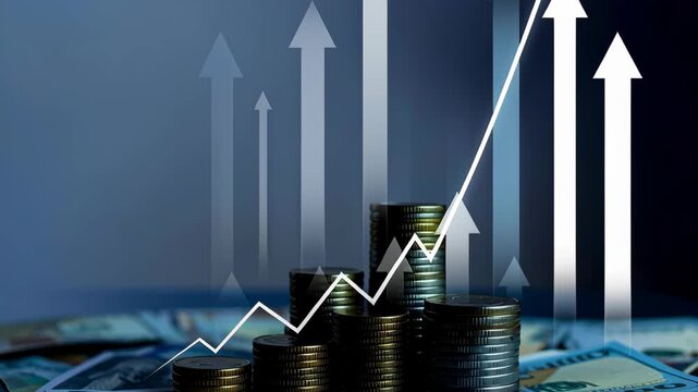 2026 financial growth chart success business profit economy investment market increase rising strategy analysis coins stacked with upward arrows and line graph showing increase and confident stacked