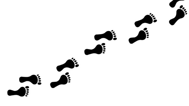 Black human footprints trail walking diagonally across a white background. Human footprints tracking path. Footstep silhouette, human journey, movement, path following, discovery, tracing