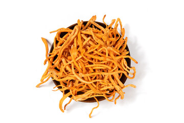 Golden cordyceps mushrooms isolated on white background.