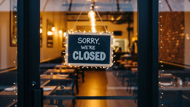 Closed restaurant sign on a glass door with fairy lights, sorry we're closed message