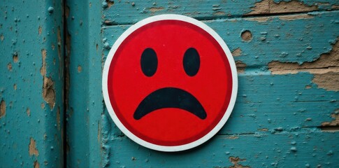 Red sad face sticker on weathered wood, negative feedback , issue, worn