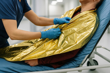 Emergency nurse response patient covered in thermal blanket on hospital stretcher caring for injured person with gloved hands providing comfort and urgent attention
