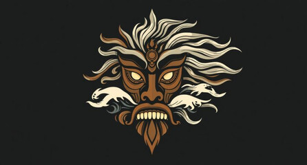 Obraz premium Gothic tribal tattoo design featuring a vector illustration of a lion head and a demonic mask symbol with fire elements and dragon horror aesthetics for a kingly monster art piece