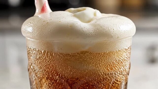 Refreshing Root Beer Float with Creamy Foam and Striped Straw.