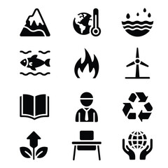 Collection of black environmental and business icons on white mountain snow