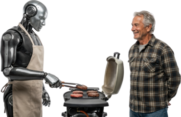 Robot chef grilling burgers for an older man in a casual checkered shirt showcasing a futuristic kitchen interaction between technology and human enjoyment