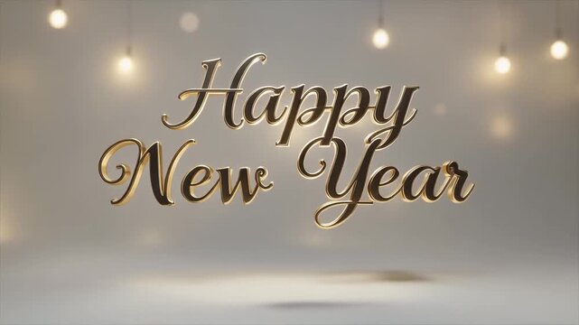 Elegant Happy New Year message in gold script typography floating on a soft neutral background with warm decorative lights. Minimal and classy holiday visual suitable for greeting cards, presentations