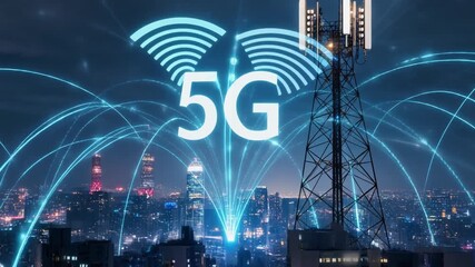 5G Network Tower Broadcasting Signals Over Cityscape. - Powered by Adobe