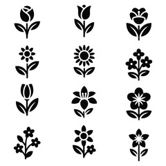 Twelve black flower icons on white background symbol nature