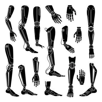 Stunning collection of diverse black and white prosthetic limb icons representing futuristic bionic and robotic replacements