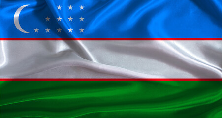Obraz premium Uzbekistan flag with cloth textured background. National flag of Uzbekistan with realistic texture