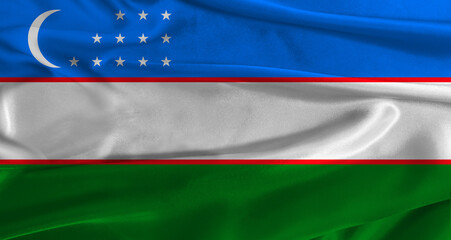 Obraz premium Flag of Uzbekistan with fabric textured background. Close up of National flag of Uzbekistan with realistic texture