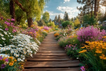 Serene Pathway: Wooden Trail Through Vibrant Summer Blossoms Under a Bright Blue Sky