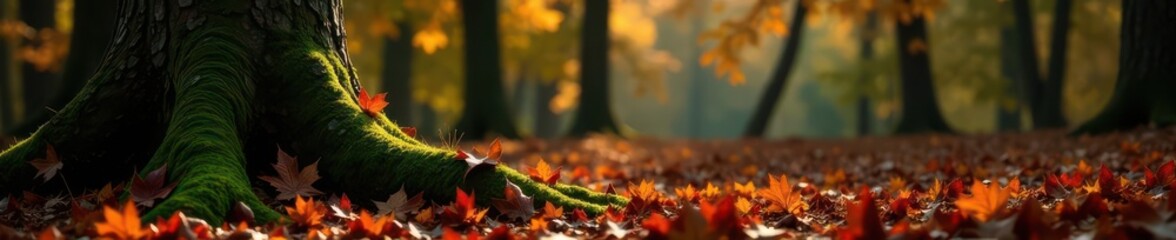 Rustic fall forest backdrop Mossy tree trunk, ample copy space , branch, brown