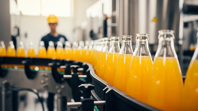 Orange Flavored Beverage Bottling Factory with Workers &ndash; Citrus Soft Drink Production Line