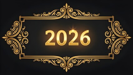 Elegant Golden Ornate Frame with Glowing 2026 for New Year on Dark Background