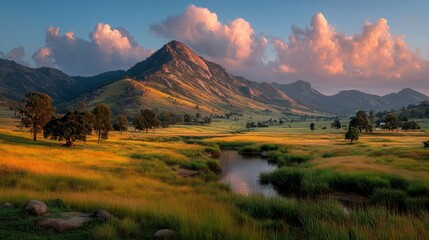 Serene Sunlit Landscape with Mountains, Clouds, and River Reflection
