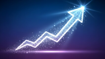 Glowing Upward Trend Arrow with Sparkles on Blue Gradient Background