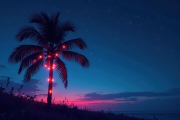 Silhouetted palm tree, colorful string lights outlining leaves against night sky, stars, colorful