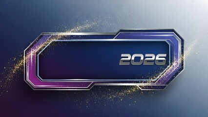 Metallic futuristic 2026 text with glowing purple frame on a dark background