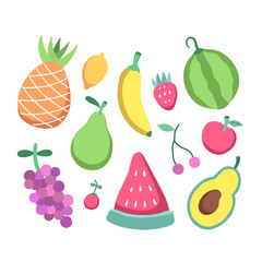 Set of illustrations of various types of fresh fruit, such as pineapple, melon, avocado, strawberry, banana, apple, lemon, orange. Vector isolated on a white background.