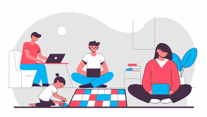 People working and playing at home with laptops and board game in a relaxed and comfortable setting