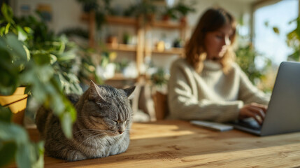 Cozy home office with woman working on laptop and relaxed tabby cat on wooden desk among houseplants