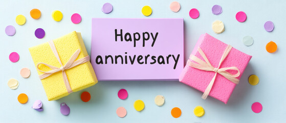 Happy anniversary celebration with colorful gift boxes confetti and joyful mood conveying work milestone and shared achievement