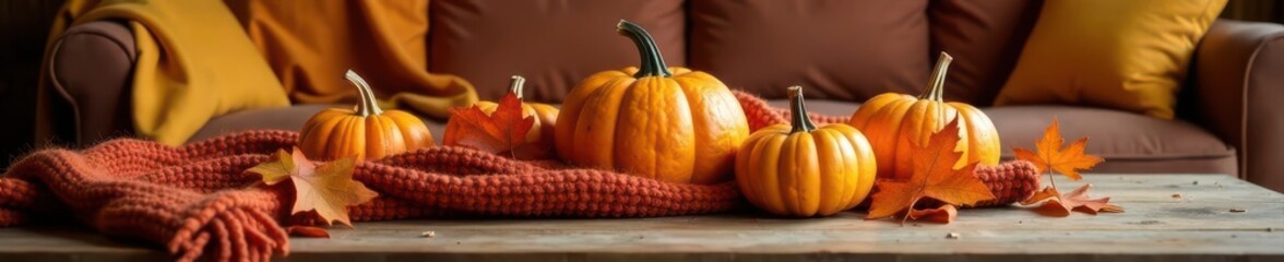 Soft knit throw, pumpkins on coffee table, fall foliage garland, garland, comfortable
