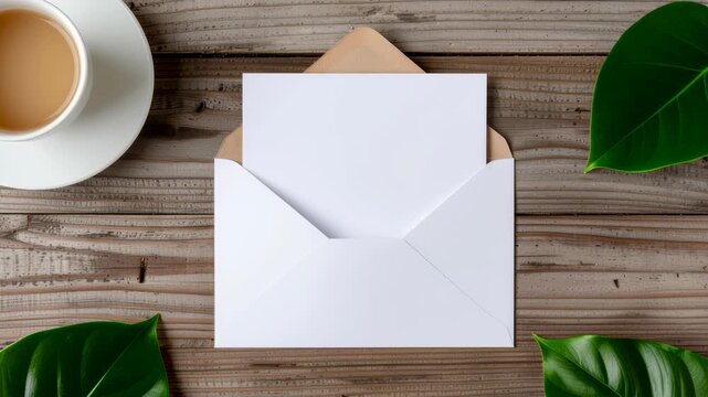 White envelope and blank card rustic wooden table with green leaf and cup of tea, symbolizing environmental awareness, social connection, governance, and inviting atmosphere for correspondence