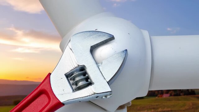 Wind turbine maintenance with adjustable wrench at sunset symbolizes green energy transition, sustainable technology, renewable power generation, and countryside repair for cleaner future